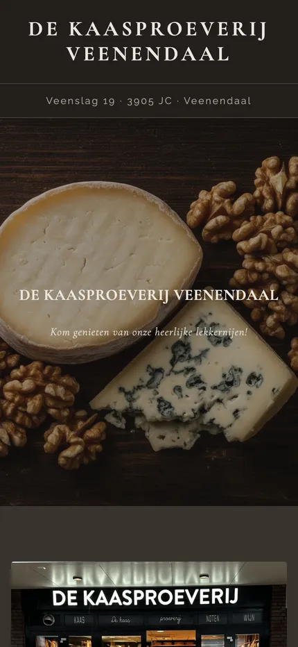 Website van De Kaasproeverij Veenendaal op een telefoon, afbeelding 1