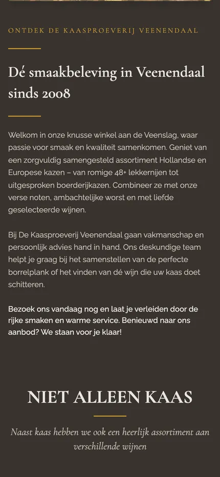 Website van De Kaasproeverij Veenendaal op een telefoon, afbeelding 2