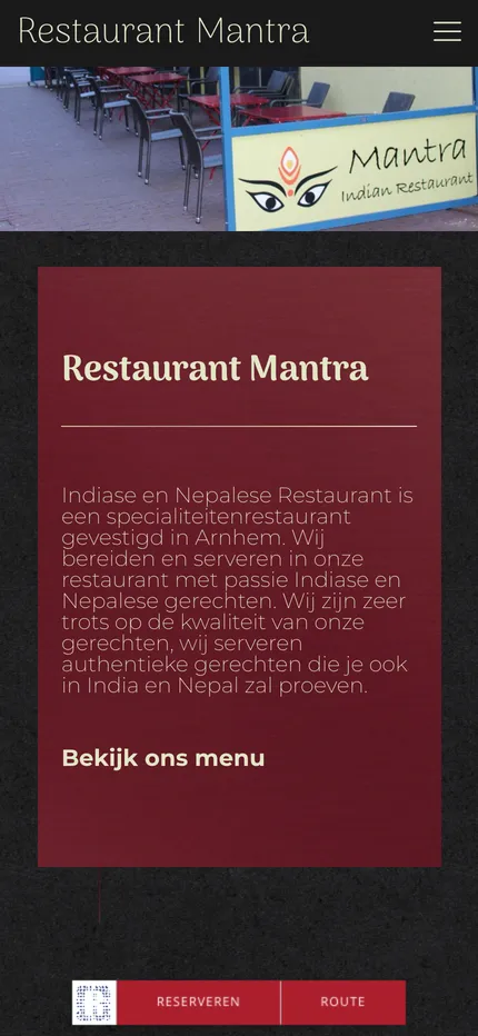 Website van Restaurant Mantra op een telefoon, afbeelding 1