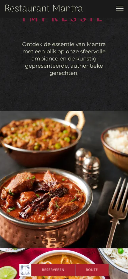 Website van Restaurant Mantra op een telefoon, afbeelding 2