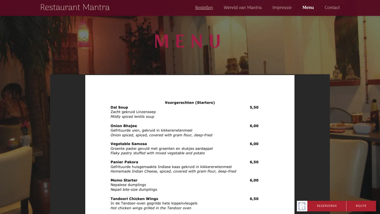 Website van Restaurant Mantra op een computer, afbeelding 3