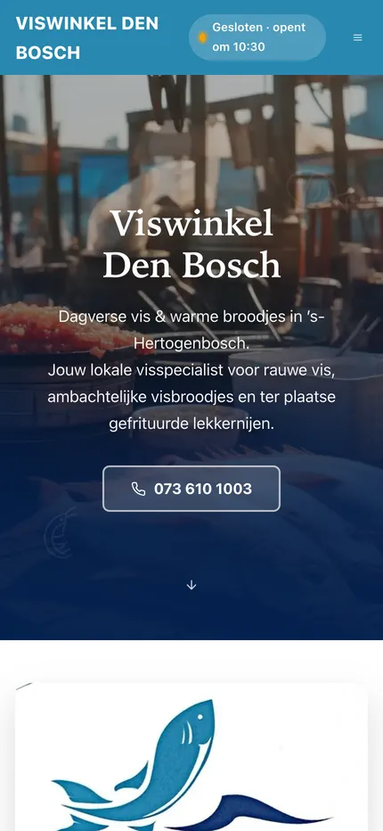 Website van Viswinkel Den Bosch op een telefoon, afbeelding 1