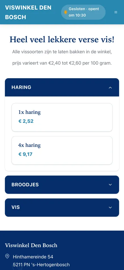 Website van Viswinkel Den Bosch op een telefoon, afbeelding 2
